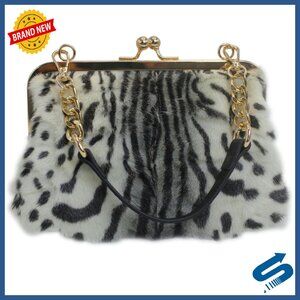 Luxury Mink Fur Handbag with Kiss Lock & Gold Chain Strap